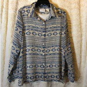 Alfred Dunner Women Size 14 Long Sleeve Semi Sheer Button Blouse Floral Striped